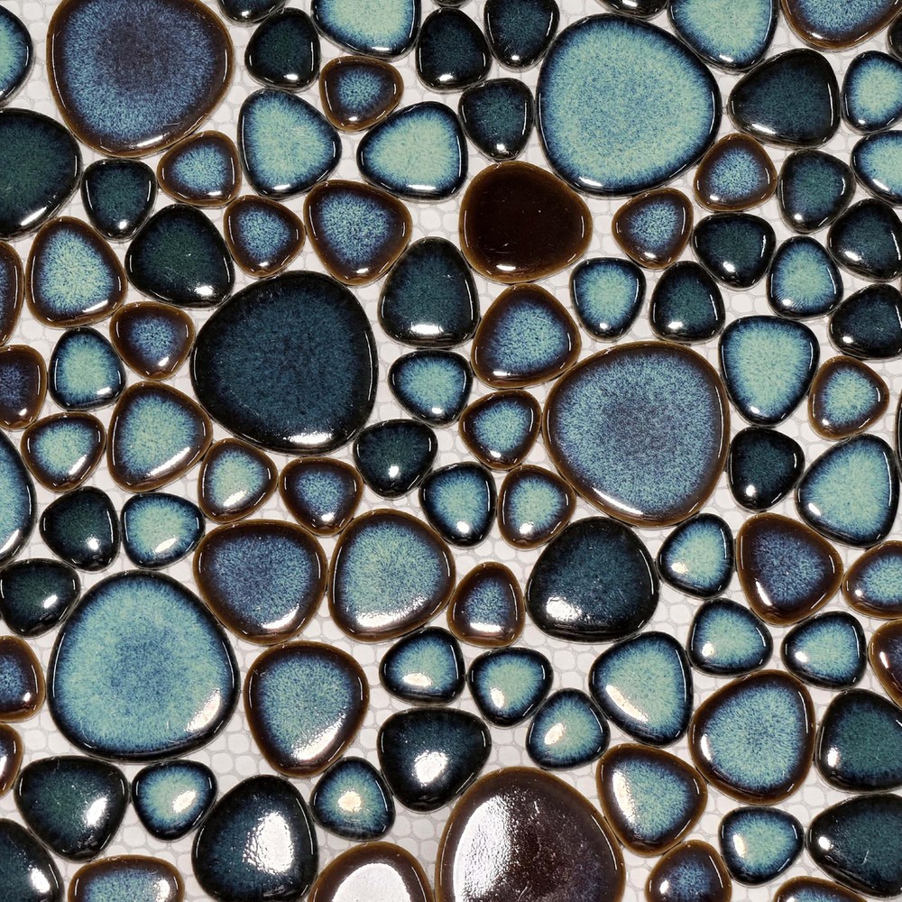 Artisan Pebble Mosaic Tile Sheet Irregular Blue Green Stone-Look Waterproof C...