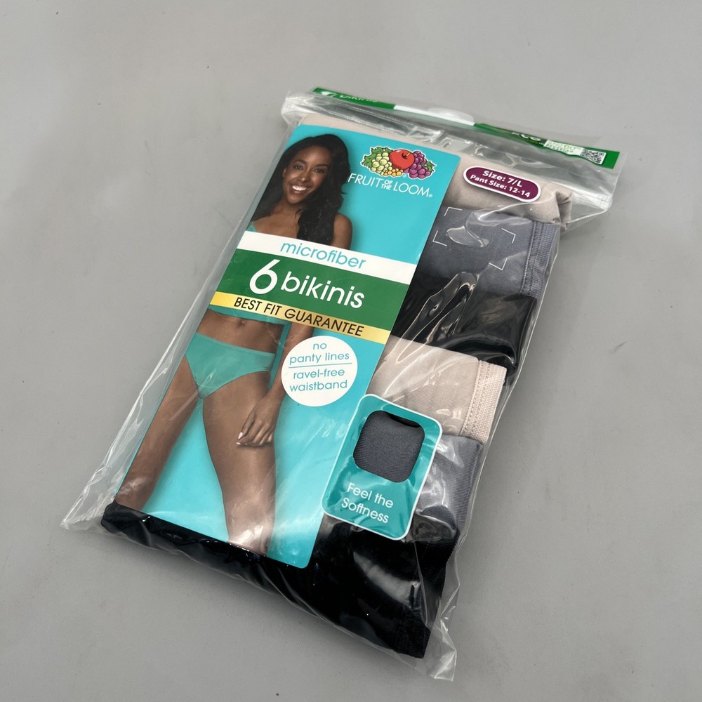 FRUIT of the LOOM 6 Pack Size 7/L Microfiber Multi-Color Women Bikinis New