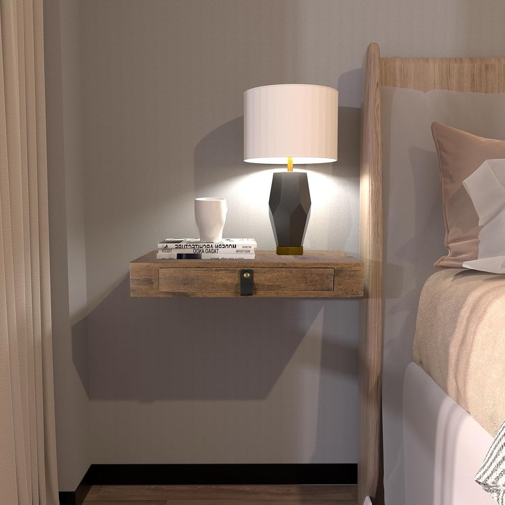 Rustic 16-Inch Floating Shelf Nightstand with Drawer for Bedroom Bedside