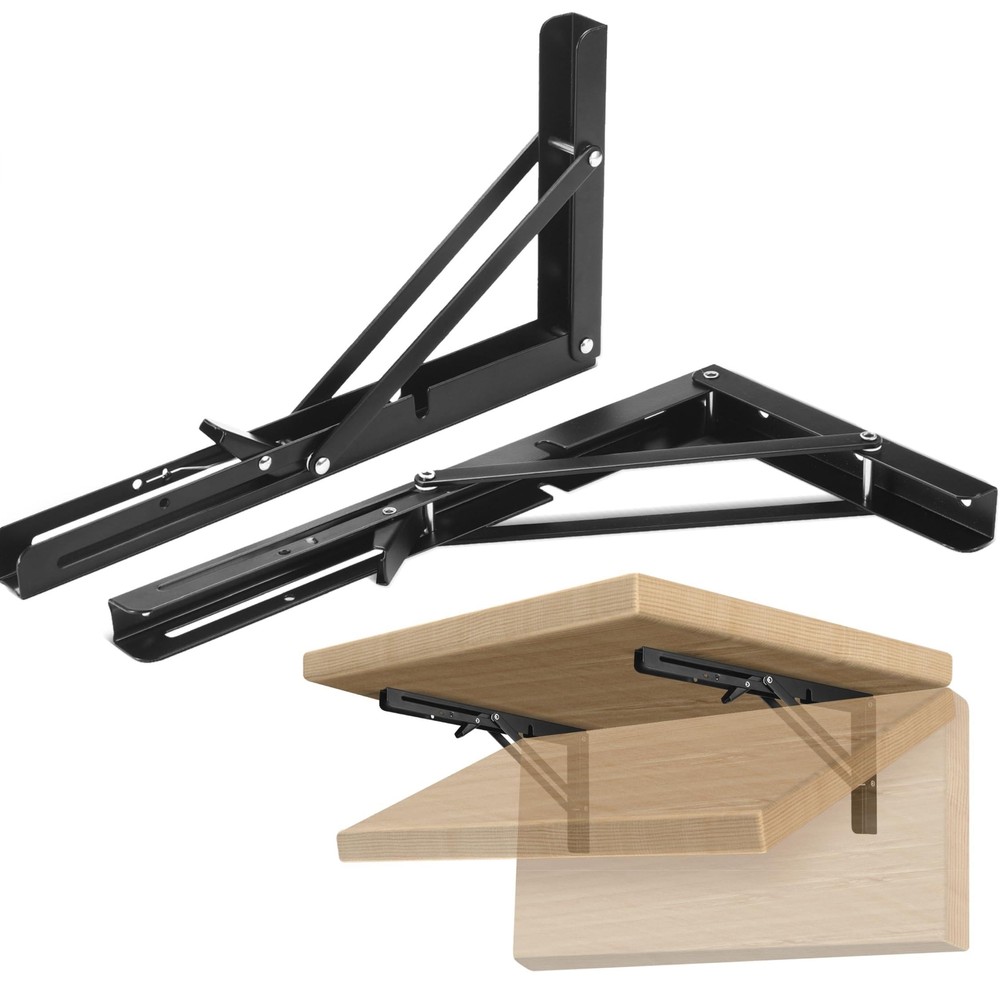 Bolt Dropper Heavy Duty Black Folding Shelf Brackets Set of 2 Foldable Floating Supports