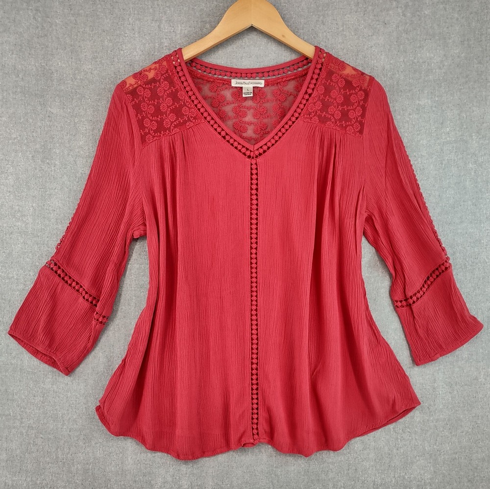 John Paul Richard Top Womens Large Red Bohemian Crinkle Rayon Crochet Tunic