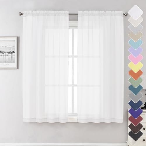 White Sheer Curtains 63 Inch Length 2 Panels, Elegant Voile Drapes for