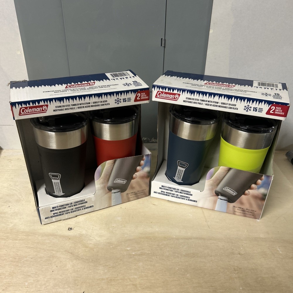 Coleman, 2-Pk Stainless Steel Tumbler w Straw + Bottle Opener (Choose Color)