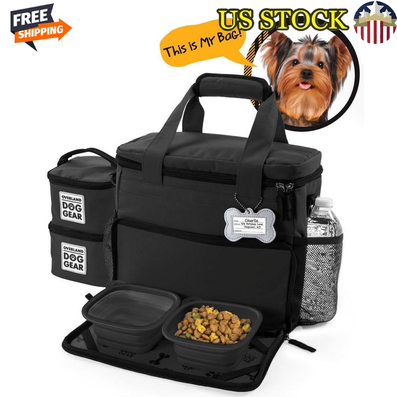 Dog Travel Bag Week Away Organizer W/ Food Carriers Bowls & Essentials New