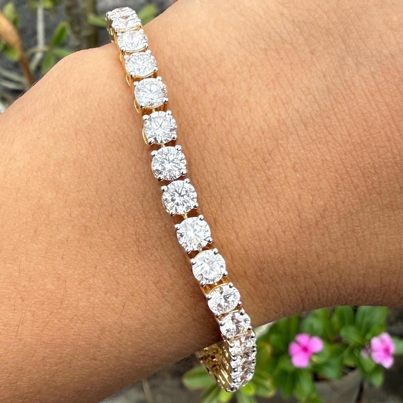 14k Yellow Gold Designer Diamond Bracelet Lab Created 9 Carat E F VVS2 Round Cut
