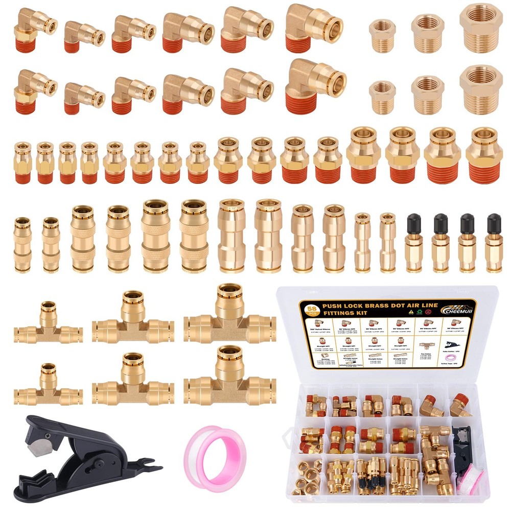 58 Pcs Brass DOT Air Line Fittings Kit Push Lock DOT Air Fittings Push to Connec