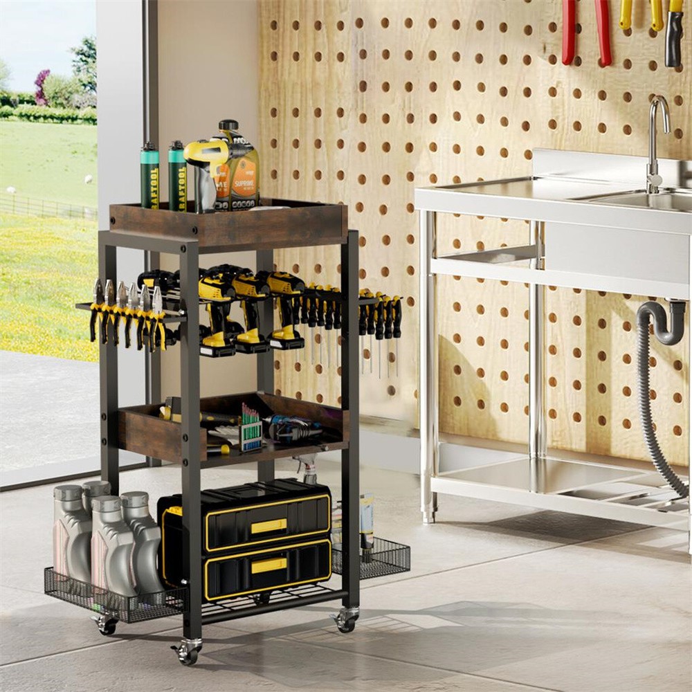 Garden Tool Storage Rack with Wheels Garage Organizer Peg Bench Garage w/ Hooks