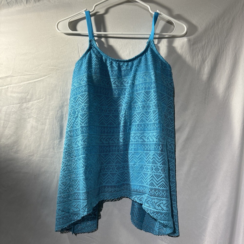 Womens  Tankini Top Blue Knit Bra Lined Spaghetti Strap Back Mesh