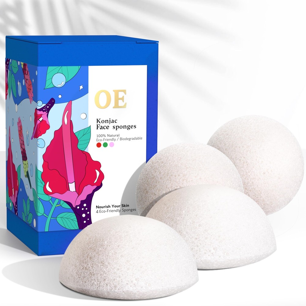Konjac Face Sponge (4 Pack) | 100% Natural & Dye Free | Non-| Biodegradable |...