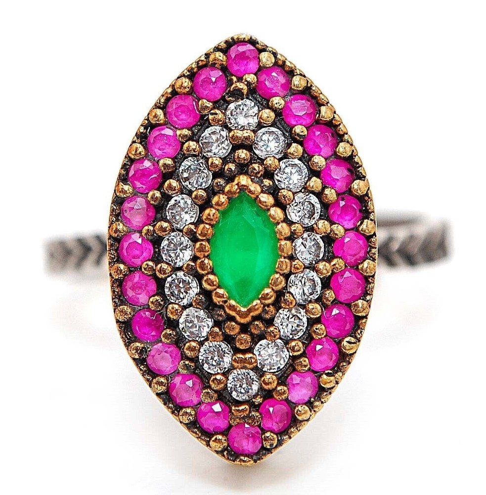 1CT Treated Emerald Ottoman Empire Style 925 Sterling Silver Ring Size 7 HB2-8