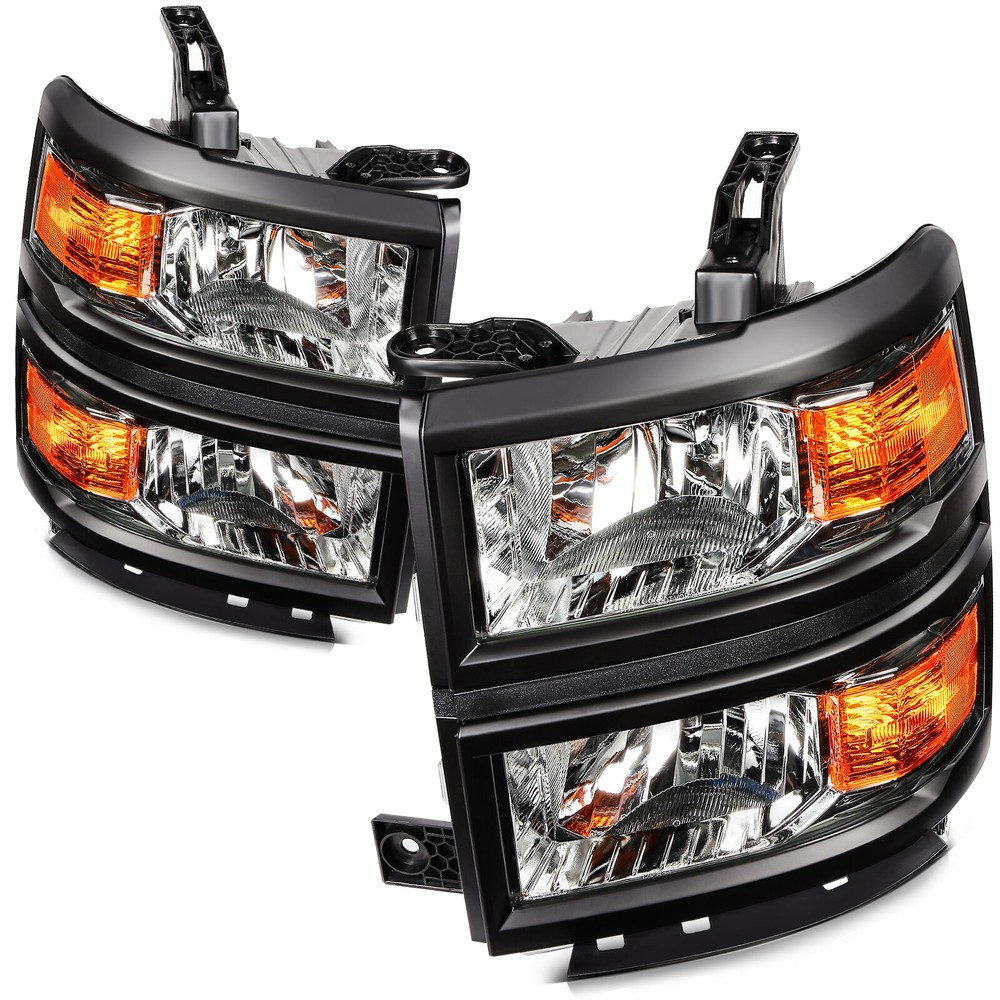 Headlights Black Housing For Chevy Silverado 1500 2014-2015 w/Amber Corner Lamp