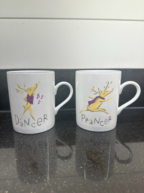 Set 2 Pottery Barn Reindeer PRANCER & DANCER Mugs Christmas Holiday Porcelain