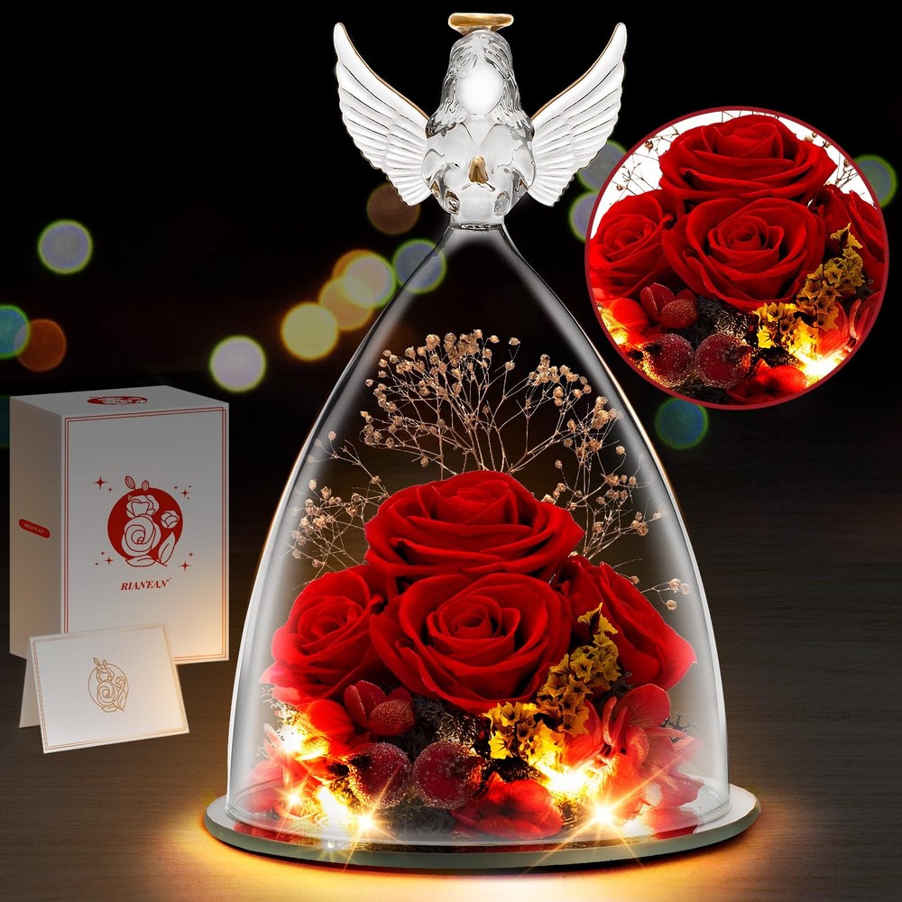 Mothers Day Gift for Mom - 4 Red Roses in Glass Angel Figurine with LED Lights-image