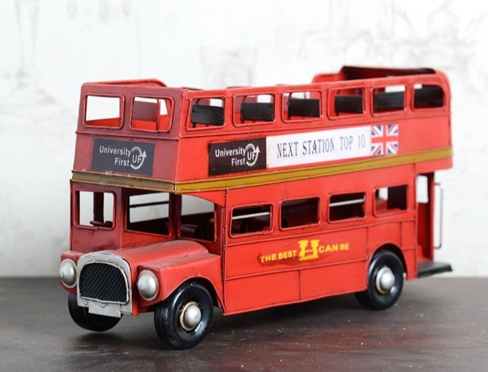 Retro British Double-Decker Bus Iron Metal Handmade Model Ornament Collectibles