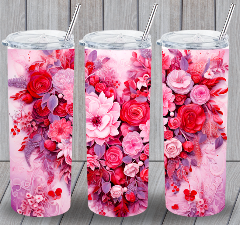 Valentines Day 20 Flower Heart Multicolor 20oz Insulated Tumbler Lid Straw New