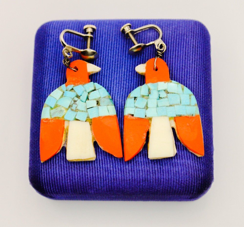Vintage Santo Domingo Pueblo Turquoise Thunderbird Statement Earrings