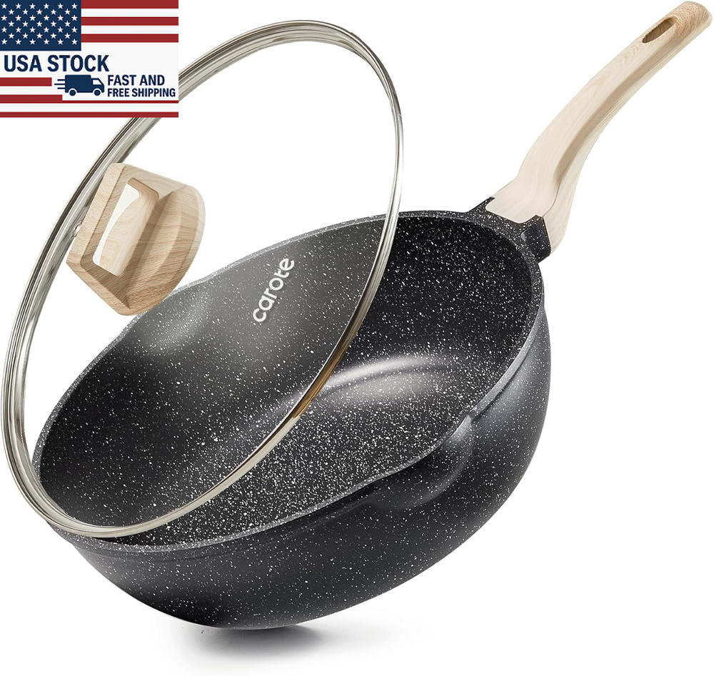 CAROTE 12-Inch Nonstick Deep Fry Pan with Lid 5.5 Qt Large Saute Cookware