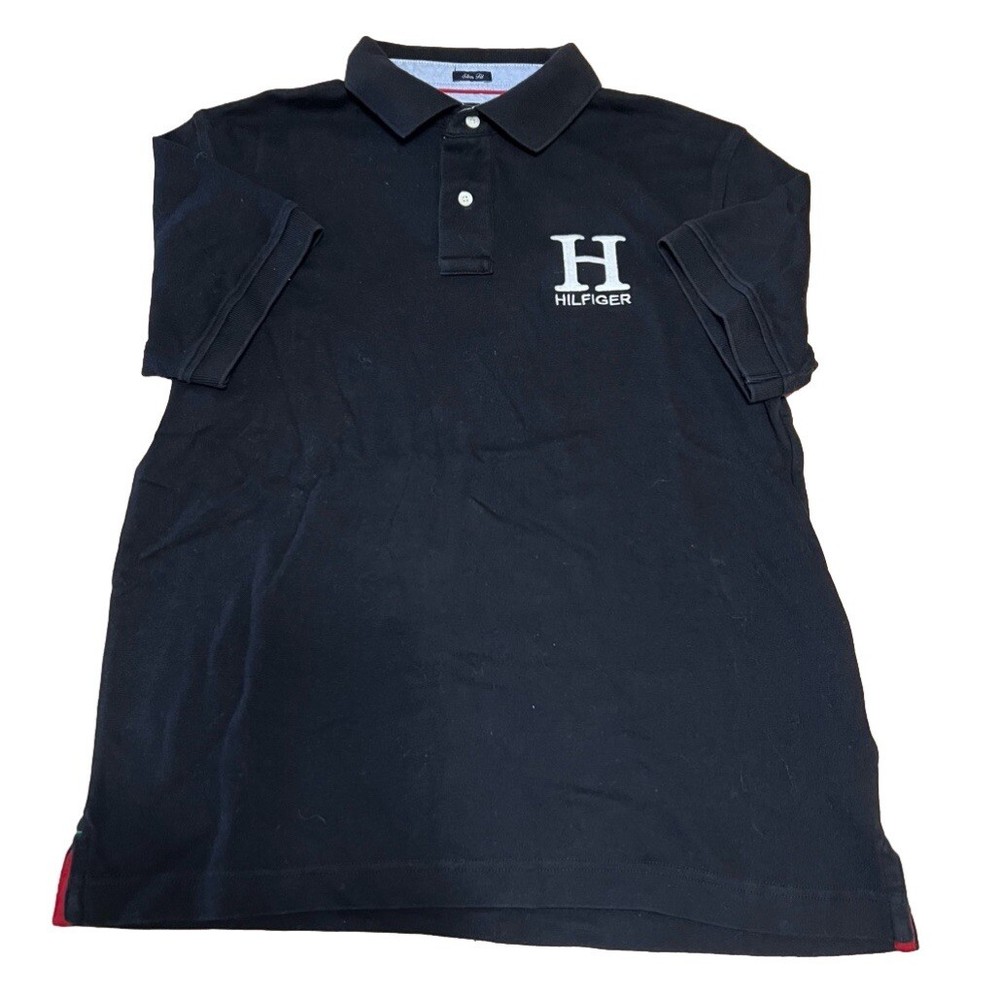 Tommy Hilfiger Mens Black Slim Fit Logo Polo Shirt Preppy Style