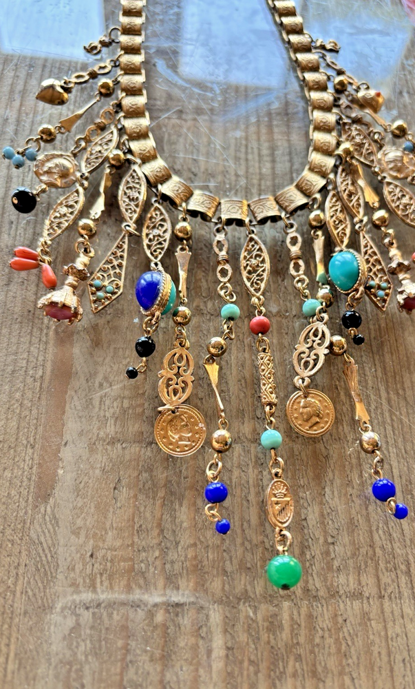 Vintage  Egyptian Revival Desired Multi-colored Glass beads Bookchain Necklace