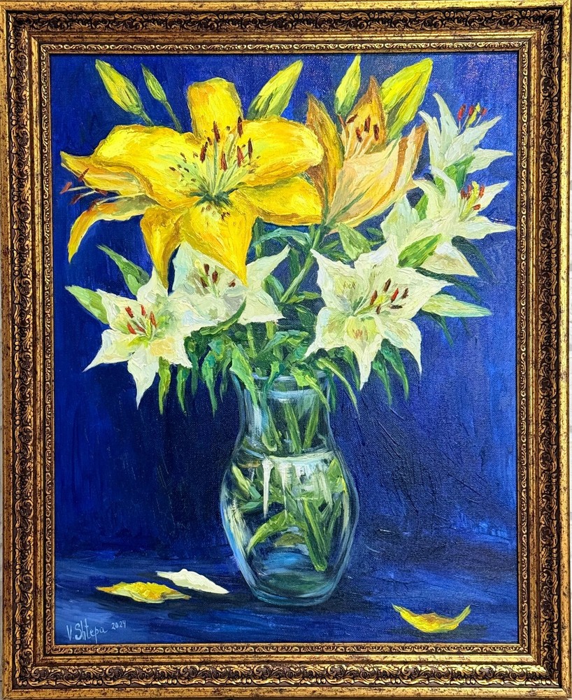 Framed Original Oil Painting Flowers Yellow Lilies Floral Impression Art 23x19in