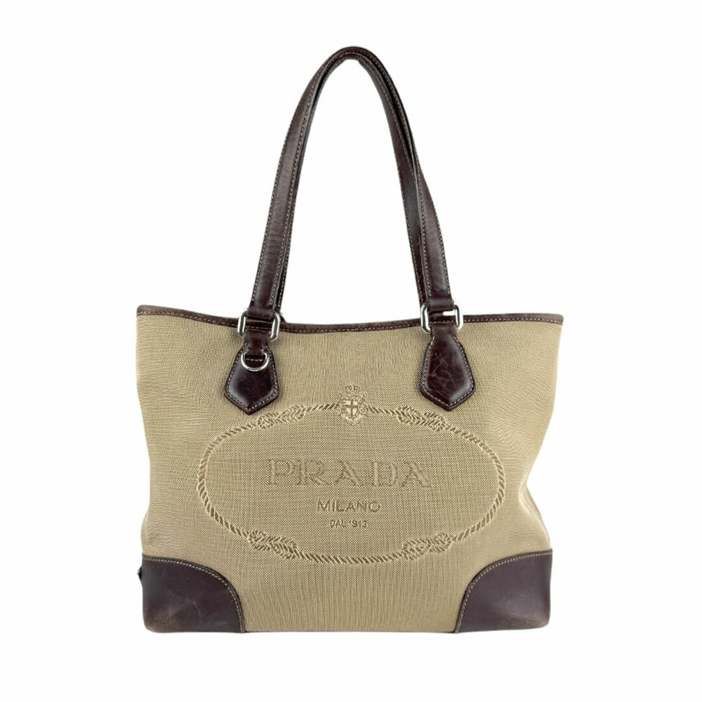 RARE PRADA Jacquard Canvas Leather Shoulder Bag Brown Women Logo Handbag