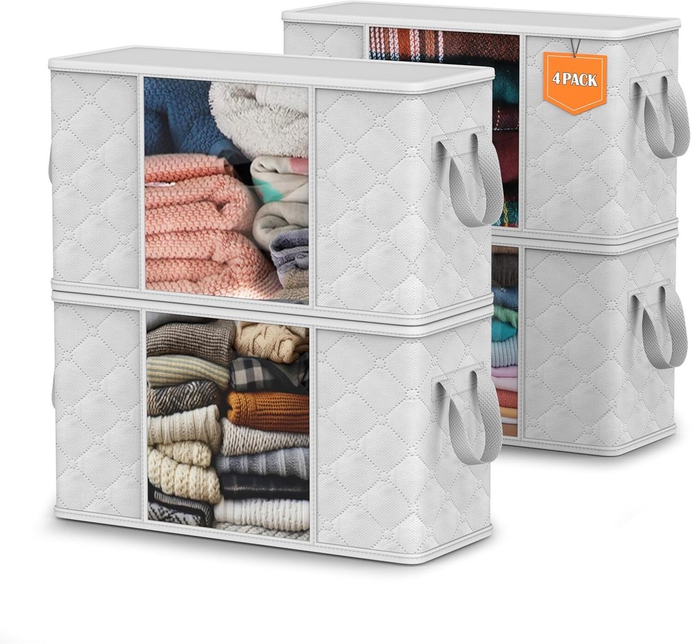 4-Pack Large Storage Bags for Clothing| Foldable Blanket Storage 4 Pack White