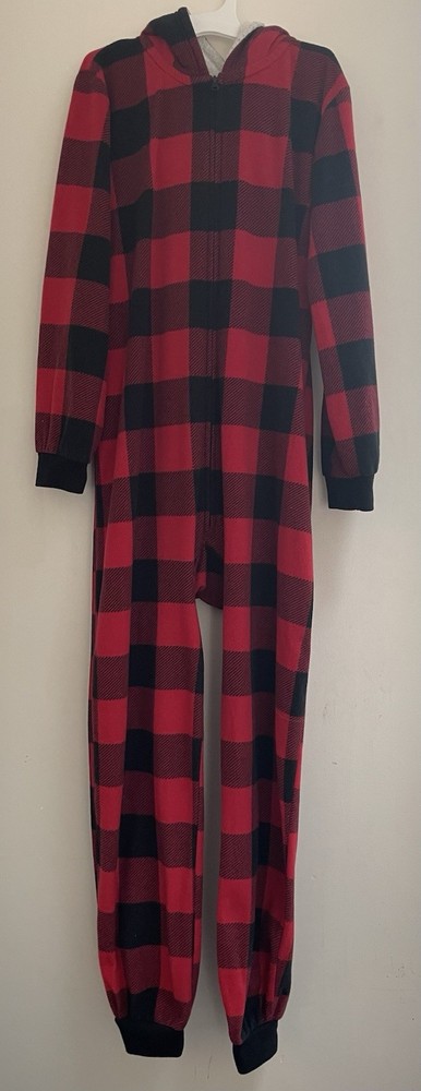 PJ Place Kid Boy Girl 1-Piece Buffalo Plaid Fleece Zip-Up Long Sleeve PJs Red L