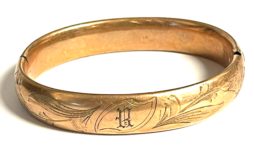 Antique Victorian Rose Gold Floral Etched Engraved Wide Bangle Bracelet