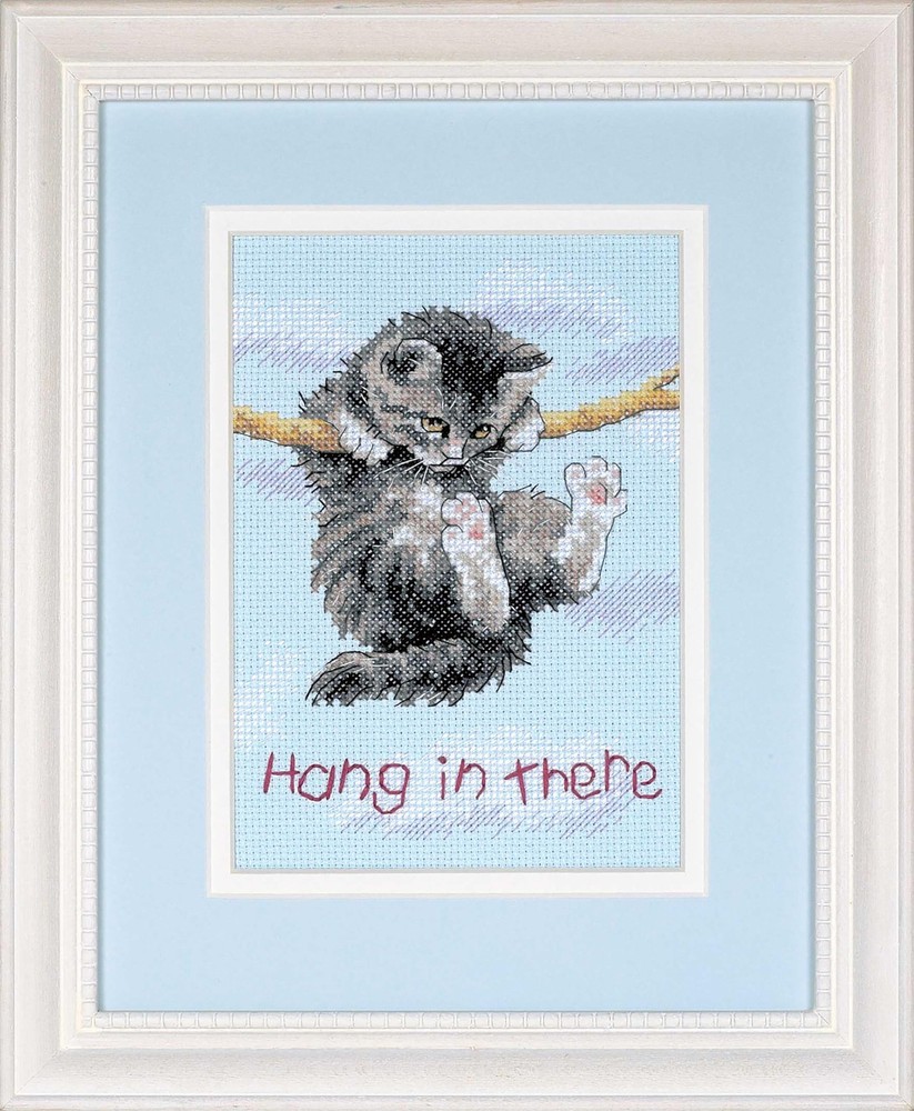 Hang in There Cat Counted Cross Stitch Kit, 14 Count Light Blue Aida, 5'' x 7''