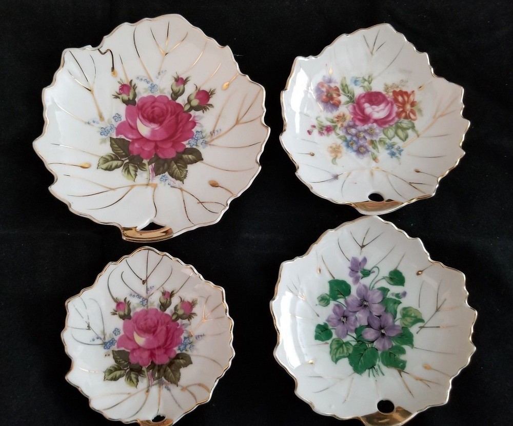 Tea Bag Holder Trinket Plates Gold Trimmed Floral Maple Leaf Shaped Retro 4pcs
