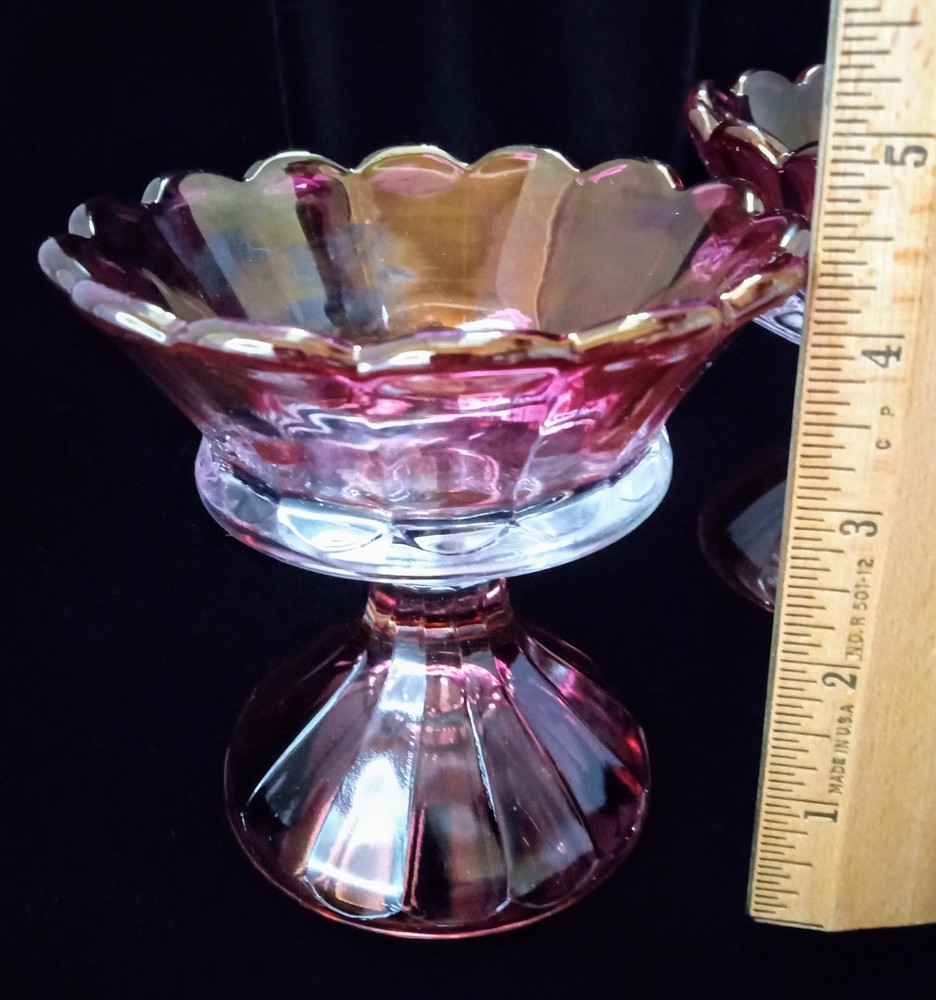 Vintage cranberry and clear pair dessert bowls - some color worn away
