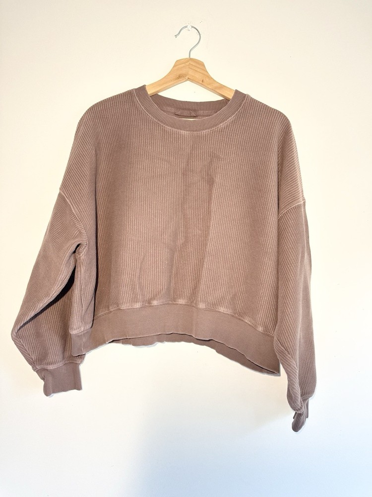 Aerie Offline Sweatshirt M Tan Cropped V Neck Cotton Oversized Top Balletcore