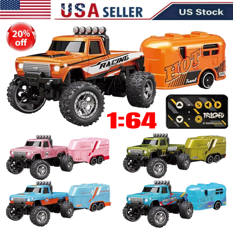 Mini RC Monster Truck USBC Rechargeable Underflow with Trailer, 1:64 Scale Alloy