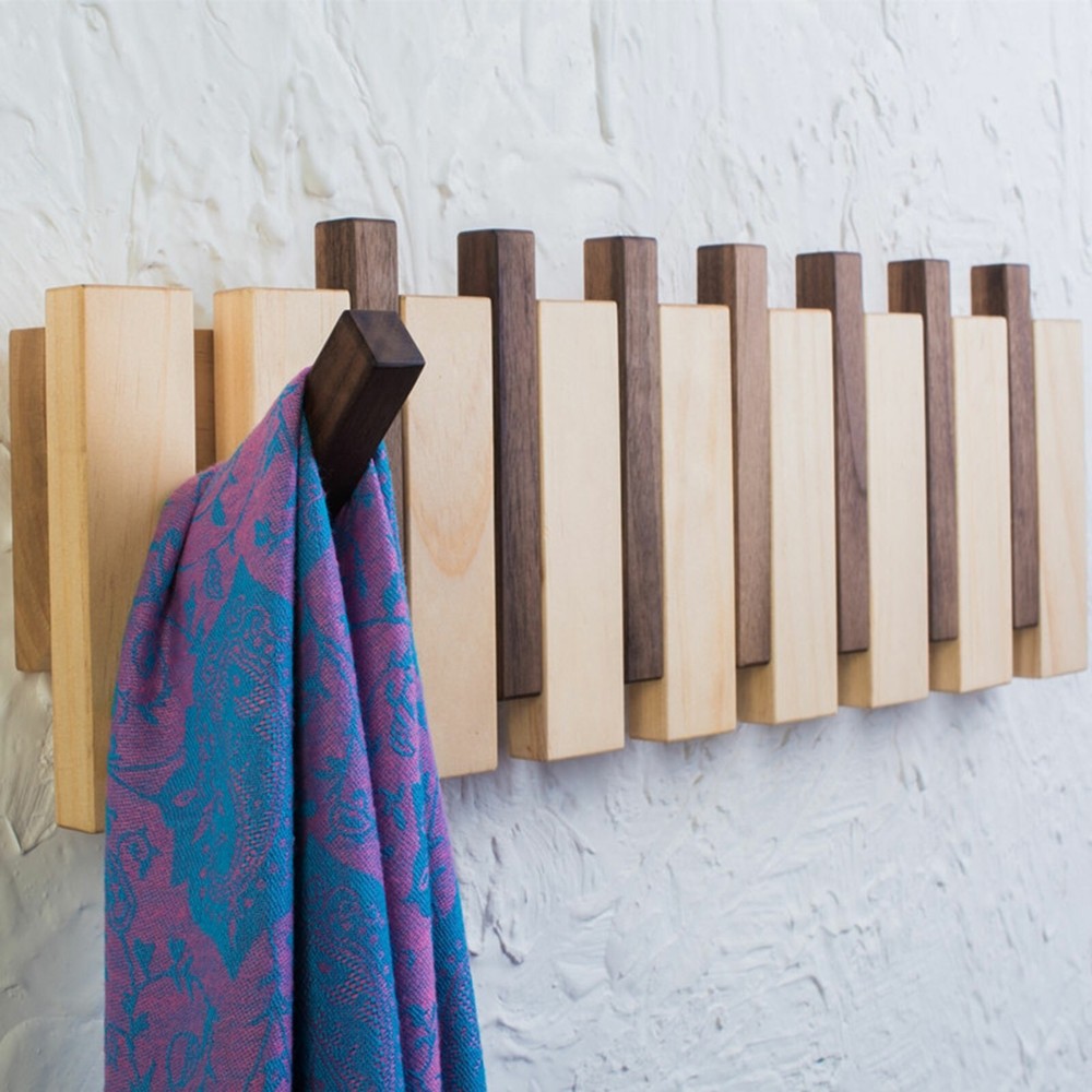 Wall Mounted Wood Coat Rack with Flip-Down Hooks for Clothes