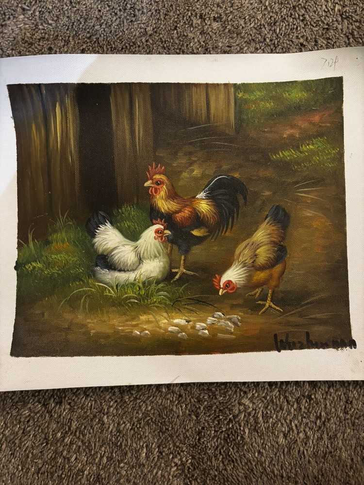 Chickens Bird Real Oil Painting On Canvas Background 9”x11”