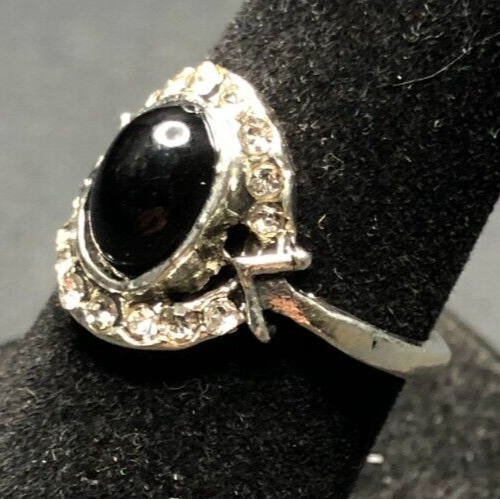 Vintage Antique Silver Tone Black Onyx Rhinestone Ring - Size 5