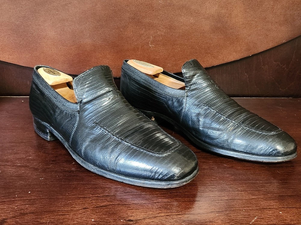 NETTLETON BLACK REPTILE DERBY VINTAGE SLIP ON LOAFERS RARE 1970s SIZE 10.5D