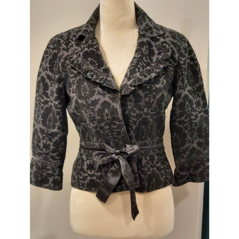 Free People Black Brocade Blazer with Satin Bow and Hook Closures Size 6