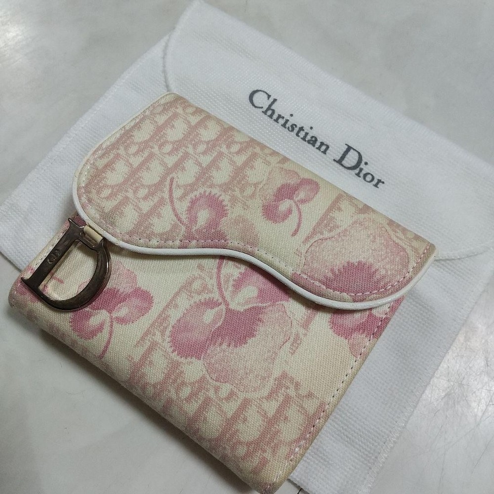 Dior Saddle Wallet Lotus Floral Embossed Leather Pre-Owned