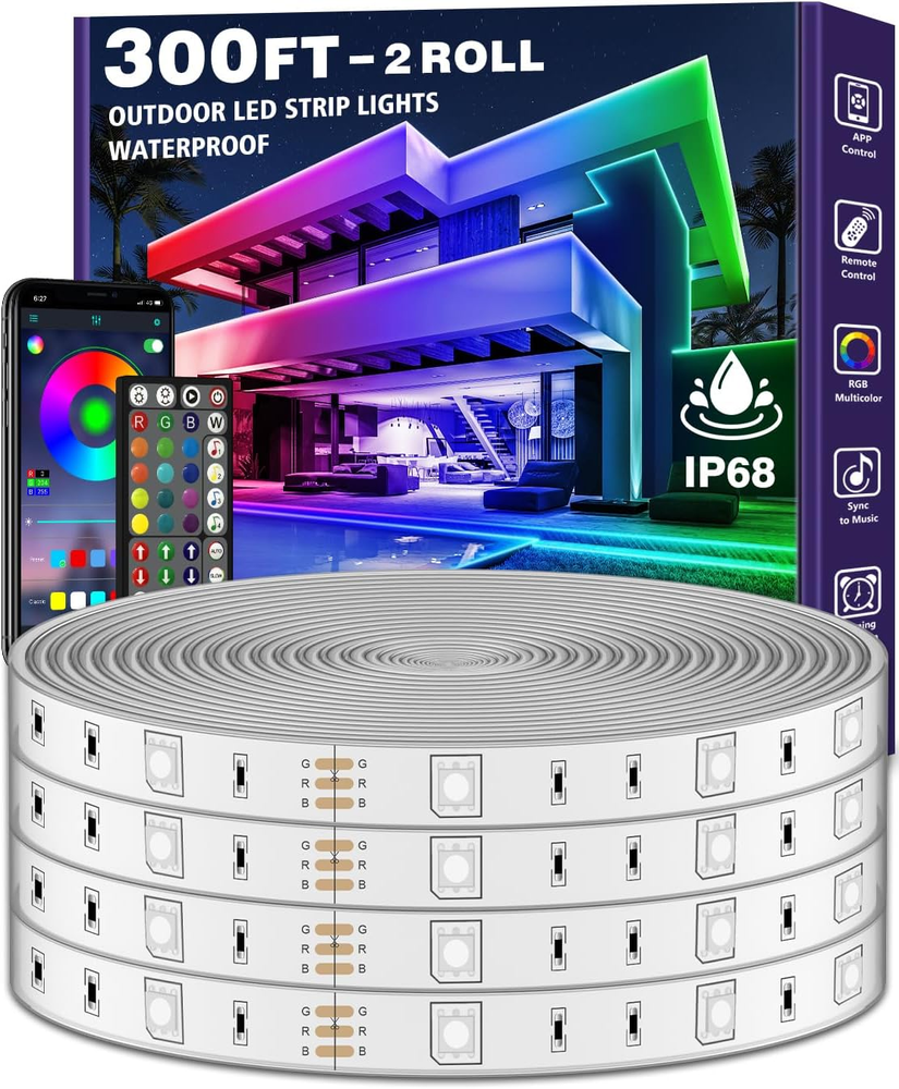 300Ft Waterproof LED Strip Lights with Bluetooth App, RGB Exterior Rope Lights f