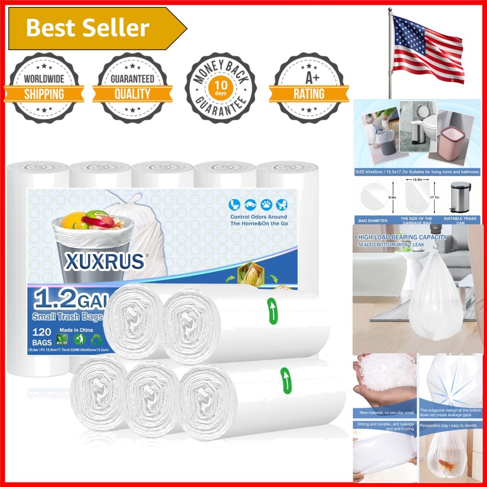 Leak-Proof 1.2 Gallon Trash Bags - 120 Count White Bathroom & Household Garbage