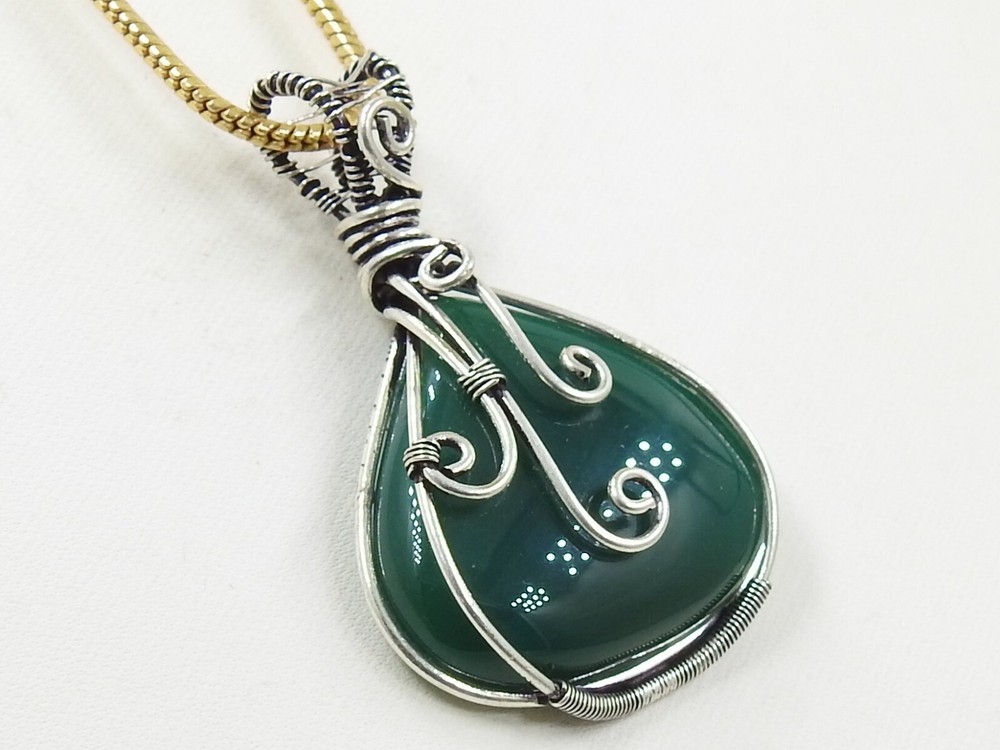 Green Onyx Brass Pendant Silver Oxidised Polished Wire Wrapped Jewelry