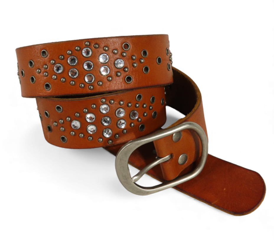 Y2K VTG Fossil Brown Leather Belt SILVER STUDS GROMMETS Clear Rhinestones SZ L