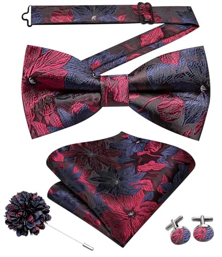 Men's Pre-Tied Bow Tie Set with Pocket Square & Lapel Pin in Navy Blue Burgundy Floral