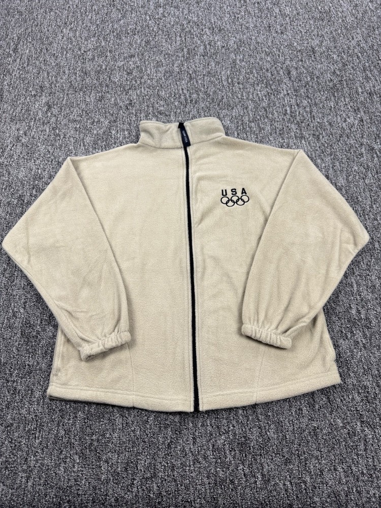 Team USA Olympics Jacket Men Large Creamy Beige Fleece Full Zip Mock Neck Vtg