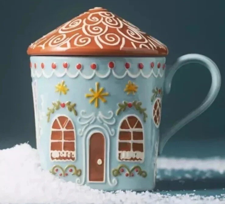 Anthropologie Ginger Stoneware Mug Light Blue New Lidded Gingerbread Cup NWT