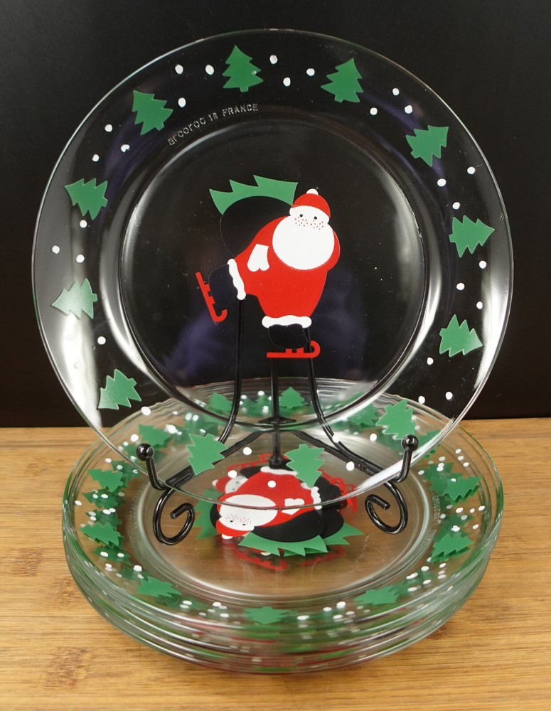SET OF 6 Vintage ARCOROC SANTA ON SKATES Salad Dessert Plates Christmas Trees