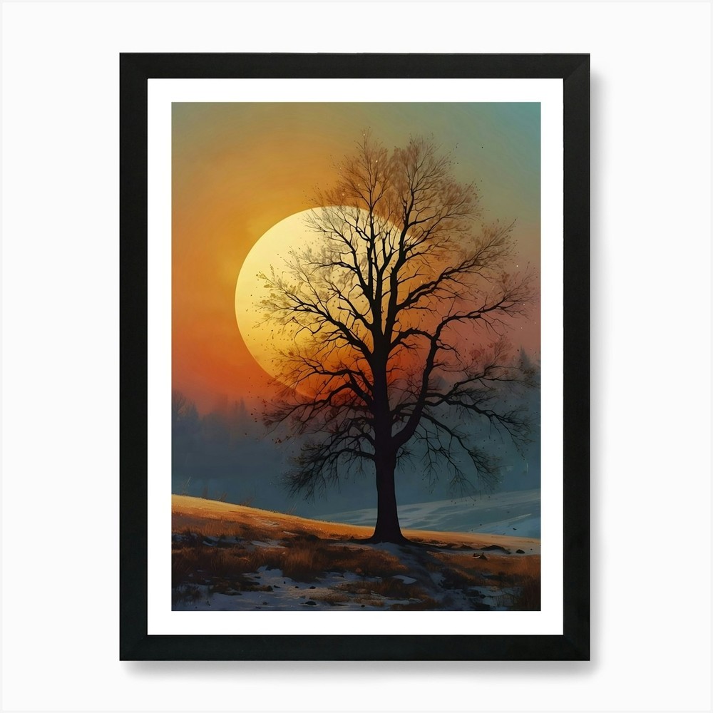 Sunset Tree Landscape Framed Wall Art Canvas Print Poster  