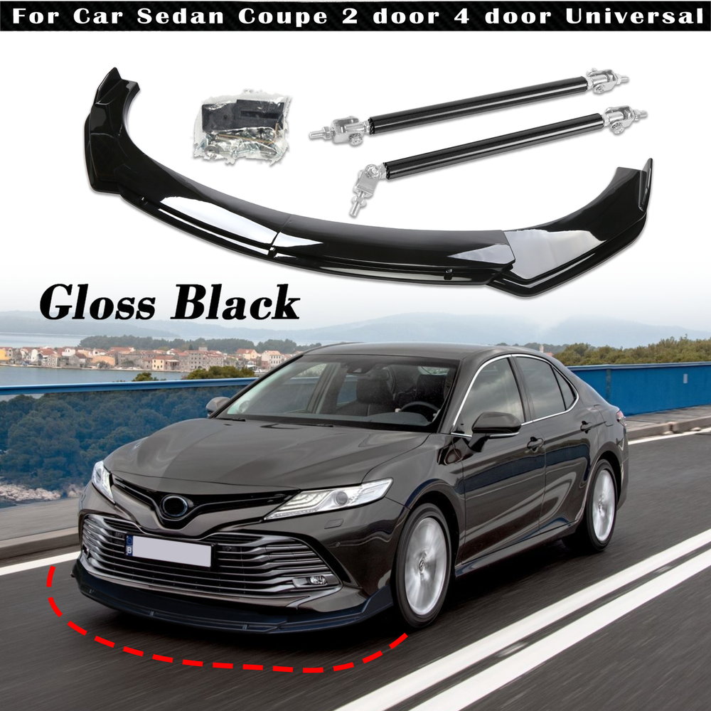 For Universal Car Front Bumper Lip Splitter Spoiler Glossy Black+Strut Rods
