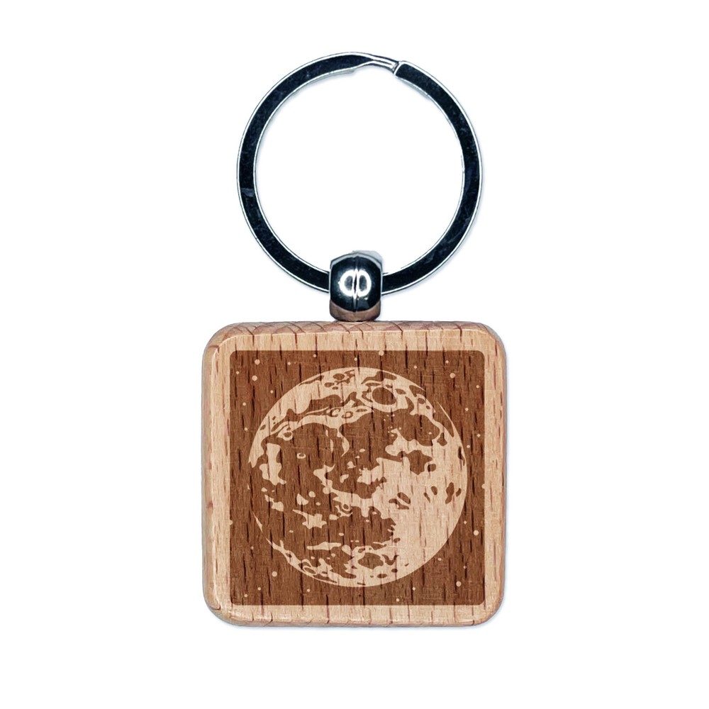 Moon in the Night Sky with Stars Space Astronomy Engraved Wood Square Keychain